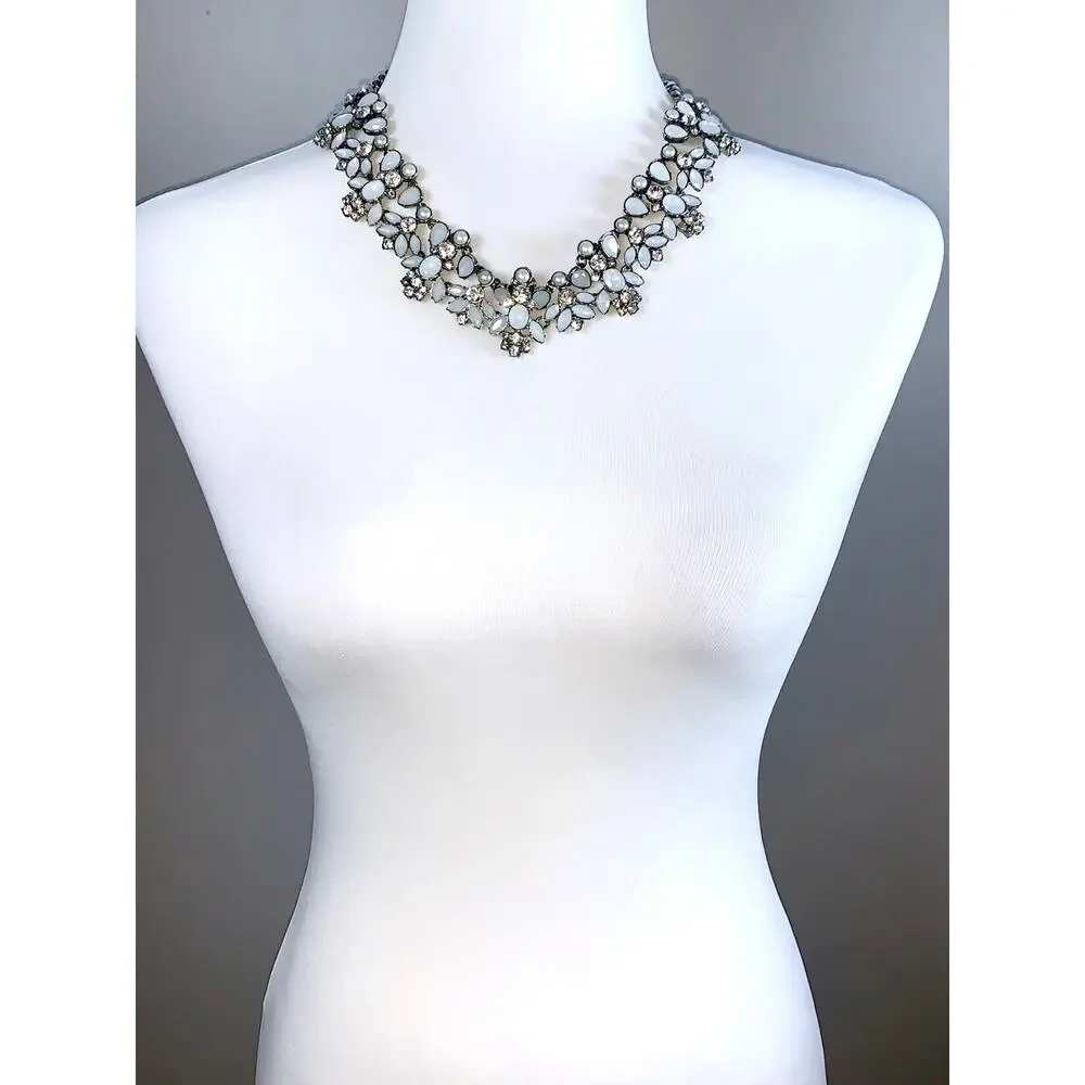 Ann Taylor LOFT Silver White Gray Crystal Cluster Statement Necklace